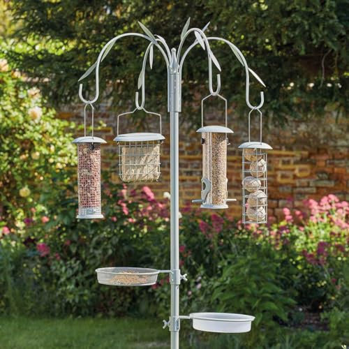 Deluxe Garden Wild Bird Feeder – Weather Resistant Outdoor Feeding Station with Water Bath Table, Seed Tray, 4 Hanging Feeders & Stabiliser Ground Spikes – Measures H240 x W56 x D56cm