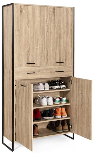 IDMarket - Zapatero 24 pares LUIS 4 puertas 1 cajón diseño industrial H. 180 cm