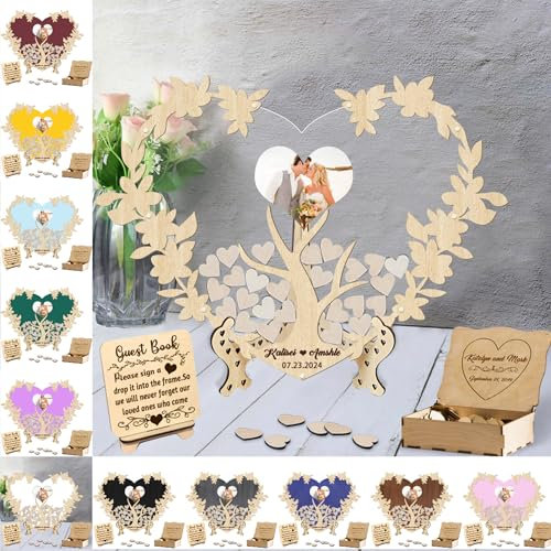Certykllp Personalized Tree of Life Wedding Guest Book Alternative Custom Guest Book with Photo Frame Mis Quince Heart Guest Book Drop Box for Wedding Decor Party Quinceanera Birthday