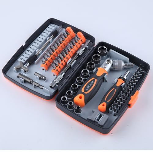 LEONTOOL Ratcheting Screwdriver Set 68 in 1 Socket Set & Magnetic Screwdriver Bit Set Rotatable Ratchet Handles with Storage Case, Home Repair Tool Kits for Furniture, Bike, Electronics Maintenance