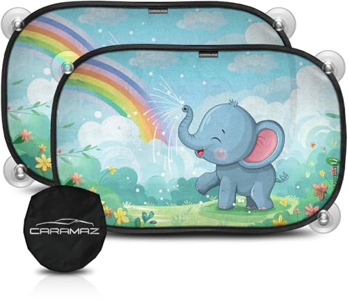 Car Window Shades for Baby with Certified UV Protection - Optimal Darkness with Suction Cups in Universal Size 51 x 31 cm - Elephant Design - Pack of 2