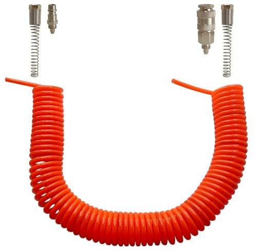 ODxID Tuyau d'air à ressort en spirale Orange 8 x 5 mm Coupleurs rapides européens SP PP inclus Tuyau de compresseur de transfert d'air et d'eau 10,5 m