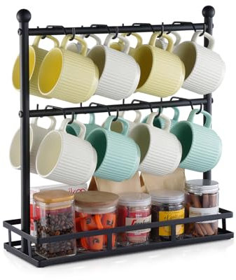 VEVOR Porte-tasse à café pour comptoir avec 16 crochets et base de rangement, support de tasse à café à 2 niveaux en acier au carbone, pour rangement et affichage du bar à café à la maison, noir mat