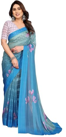 ETHNICMODE Indian Saree For Women Printed Georgette Light Weight Jari Party Wear Turquoise Sari With Unstitched White Blouse Piece-1183