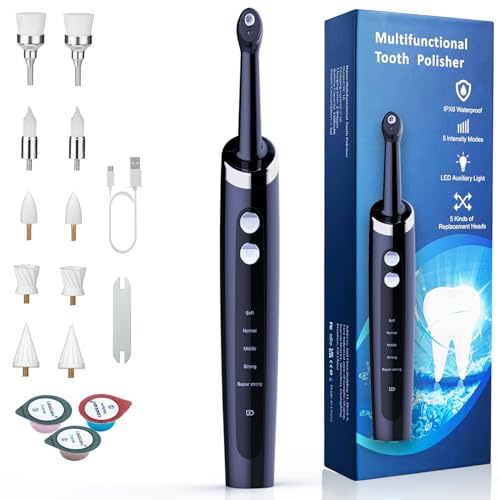 Tooth Polisher with LED Light, Rechargeable Teeth Polisher for Teeth Whitening Cleaning Kit with 10 Replacement Heads, 5 Intensity Modes, 3 Polishing Paste, IPX6 Waterproof Teeth Polishing Kit (Blue)