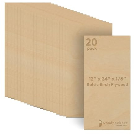 3 mm Baltic Birch Plywood 1/8 x 12 x 24 Inch, Box of 20 B/BB Grade Craft Wood, Stronger Than Basswood Sheets, for Laser, CNC Cutting and Wood Burning, by Woodpeckers