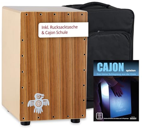 XDrum PERC CP-484 Cajon Peruana Zebrano Set (Set incl. Cajon avec corps en bouleau & effet snare, sac à dos assorti pour transport et rangement sécurisés et école de cajon pour débutants)