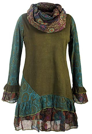 Vishes - Alternative Bekleidung - Damen Langarm Mandala Rüschen-Kleid mit Kapuzenschal Olive 36-38