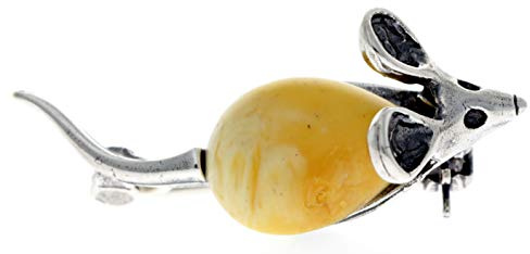 Broche de ratón de plata de ley 925 y auténtica joya de ámbar báltico 4107, 3.1 cm x 1.3 cm, Plata esterlina Joya, Ámbar