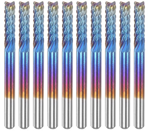 QUARKZMAN 10uds Fresas CNC Enrutador Barrenas 1/8 Vástago 3.175mm Azul Recubierto Tungsteno Carburo Fresado Cortadores para PCB Acrílico Madera Aluminio Metal