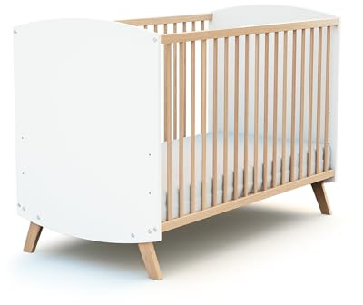 AT4 - Lit bébé en bois 60 x 120 cm SCANDINAVE Blanc et Hêtre| en Bois | Dès la naissance | Confort de sommeil | Sommier à lattes | Lit à barreaux |Sommier réglable 3 hauteurs