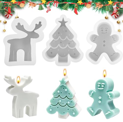 Molde de Vela de Navidad, 3PCS Molde silicona navidad, Molde de Silicona 3D de Navidad, Molde de silicona para velas, Molde para vela arbol de navidad, para DIY Christmas Decoración