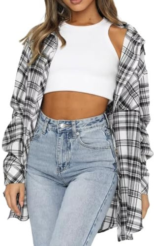 LACOZY Flannel Plaid Shirt Button Up Slim Fit Jacket Women's Casual Long Sleeve Gingham Blouses Tops Slim Fit Flannel Plaid Button Down Shirt White XL