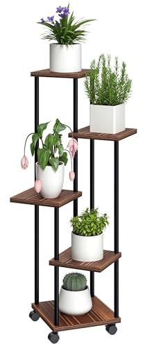 Outsunny Estantería para Plantas de 5 Niveles Soporte para Plantas de Madera y Acero con 5 Estantes Cuadradas y 4 Ruedas Soporte para Macetas para Interior y Exterior 59x59x110 cm Carbonizado