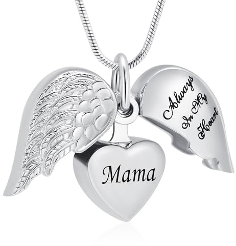 VCCWYQK Collar con colgante de urna con forma de corazón y alas de ángel para cenizas, recuerdo, joyería de cremación para mujeres y hombres, Acero inoxidable, No es una piedra preciosa