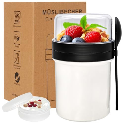 Jortmrd Tazza per Cereali to Go con Cucchiaio 250ml + 450ml Bicchiere da Muesli Yogurt Frutta Contenitore per Lavoro, Scuola, Viaggi (Bianco)