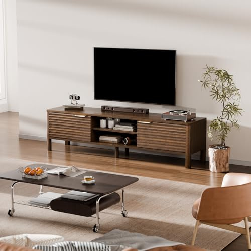 IKALIFE Mueble de TV Modernos - 150 cm Mesa de TV, Mueble Television para Salon Dormitorio, para Televisores de hasta 65 Pulgadas, con 2 Puertas y Estantes Abiertos, Madera, Marrón