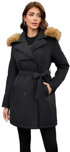 PAPILLON D'OR Damen-Trenchcoat-Jacke, mittellang, Gürtel-Design, mit abnehmbarem Kunstfellkragen, verstellbarer Kapuze und zweireihigem Verschluss (DE/NL/SE/PL, Alpha, XL, Regular, Regular, Schwarz)