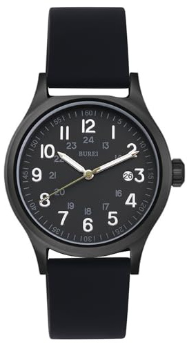 BUREI Reloj para hombre, cronógrafo militar 24 horas, resistente al agua, cuarzo, correa de silicona, Negro , Correa