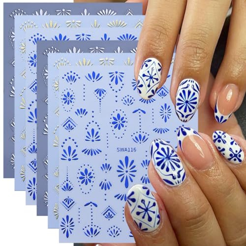 CharmeFleur 6 styles de stickers pour ongles bohème Design d'ongles autocollants dorés 3D autocollants argentés motifs bohème décoration d'ongles rétro bleu pour femmes