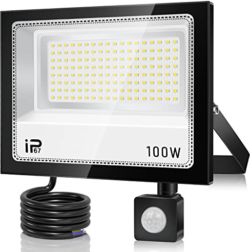 VRFMALIY 100W Projecteur LED Exterieur Detecteur de Mouvement,10000LM 7000K Blanc Froid Eclairage Exterieur,IP67 Etanche Spot LED Avec Détecteur,144 LEDs Lampe Exterieur pour Terrasse Garage Jardin