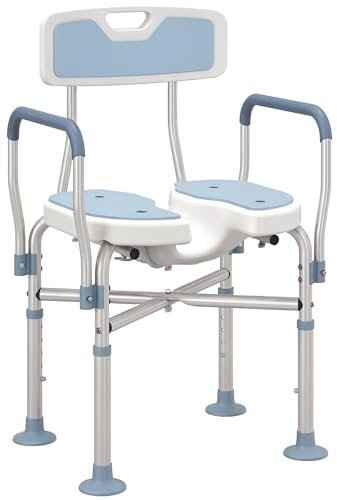 HOMCOM Tabouret de Douche avec siège rembourrée en U amélioré et accoudoirs, Chaise de Douche, Tabouret de Bain, Hauteur réglable 83-91,5 cm, Cadre en Aluminium et Pieds antidérapants, Bleu