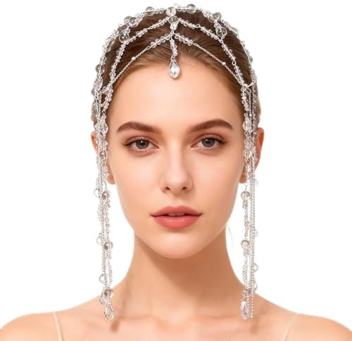 GORGECRAFT Tassel Rhinestone Cap Headpiece 1920s Crystal Wedding Bride Head Chain Roaring 20s Great Gatsby Hair Accessories Hair Chain Hat for Belly Dance Bridal Cosplay Halloween Art Decor Party