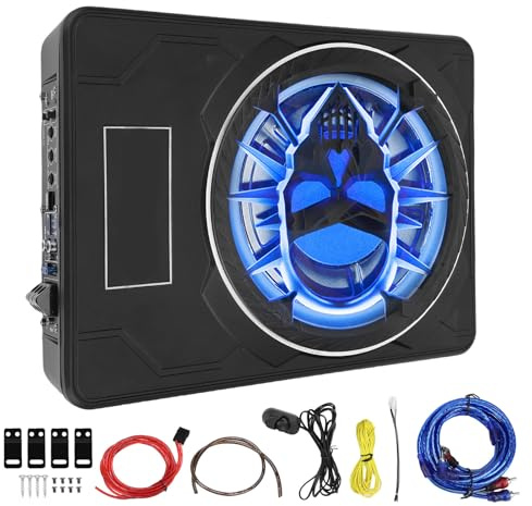 CFTGIW 10 Inch 800W Slim Underseat Car Subwoofer Active Powered Subwoofer with Pulsating Blue LED Lights and Bass Boost for Car Truck SUV System (Blue)
