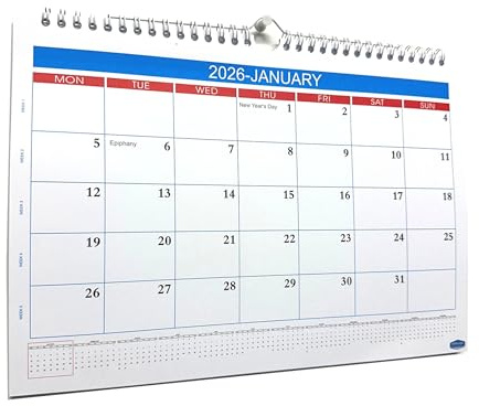 Calendario de pared 2026 de enero a diciembre, planificador familiar, gran espacio de escritura, horario de vacaciones, oficina, escuela, escritorio, calendario semanal de fácil vista, 29,5 cm x 21 cm