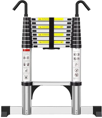 Exleiter Telescoping Ladder 2.6M, Extension Ladder with Hooks and Stabiliser Aluminium Folding Loft Ladder, Adjustable Step, Home Storage, Attic, Maintenance Garden etc, Max Load 150kg/330lb