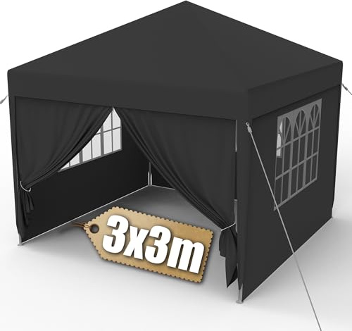 Suusolny 3x3m Pavillon Stabil Partyzelt Wasserdicht Winterfest Gartenpavillon mit Erdankern Pavillon mit Seitenwänden & Fenster Festzelt für Hochzeit Innenhof Anthrazit