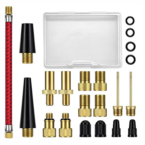 Set Complet d'Adaptateurs de Valves pour Bicyclette–Inclus Adaptateurs pour Valves Auto, Valves Françaises, Valves Dunlop, Embout gonflage Ballon, et Pompe à Air–avec Coffret de Rangement Pratique