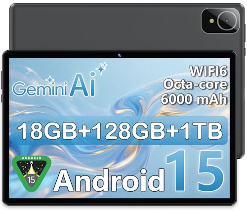 Tablet Android 15 de 10 Pulgadas Gris, 6GB RAM (hasta 18GB) 128GB, Octa-Core T30, Pantalla IPS 1280x800, Batería 6000mAh, WiFi Dual, GPS, Desbloqueo Facial, Bluetooth, USB-C, TF 1TB
