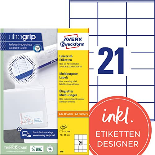 AVERY Zweckform 3481 Adressaufkleber (2.100 Klebeetiketten, 70x41mm auf A4, Papier matt, bedruckbare Absenderetiketten, selbstklebende Adressetiketten mit ultragrip) 100 Blatt, weiß