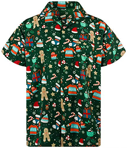 King Kameha Funky-Camicia-Hawaiana, Natale, Manica-Corta, Ginger-Bread, Verde, S