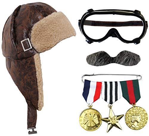 Adults VE Day 1940s Aviator With War Medals Grey Moustache And Pilot Goggles Fancy Dress Set - Brown Aviator Hat Ww2 Pilot Fancy Dress