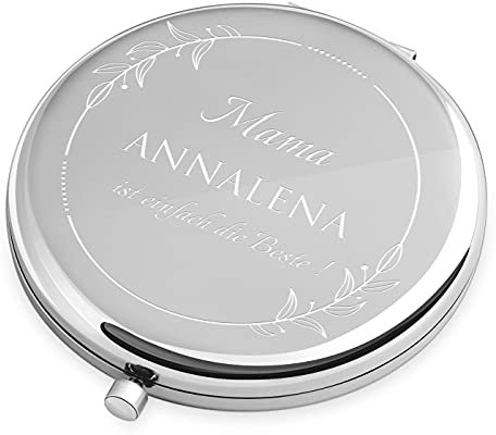 Maverton Taschenspiegel mit Gravur - rund - Doppelspiegel - regulär + mit Vergrößerung - Reisespiegel für Handtaschen - Geschenk für Damen - Silber - Kranz