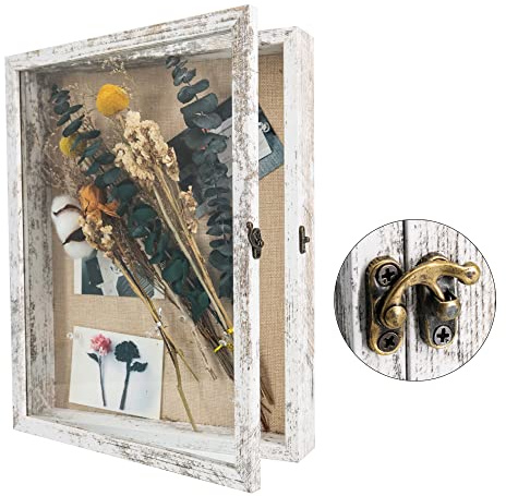 GraduatePro Shadow Box Frame 11x14 Display Case with Linen Back, Real Glass Window Door with Hinge, Picture Frame Wedding Bouquet Memorabilia Medals Photos Memory Box for Keepsakes, Rustic White
