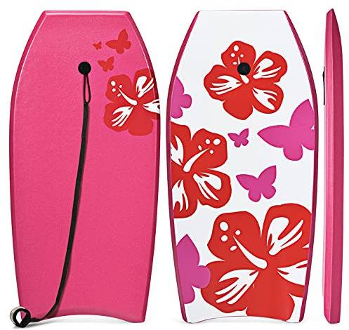 GYMAX Planche de Surf Robuste en XPE et HDPE, Rose, Plus de 14 Ans, Charge Maximal 85 KG, 105×51×6 CM, Bodyboard avec Sangle de 90 CM, Design Exquis avec Motif de Fleur
