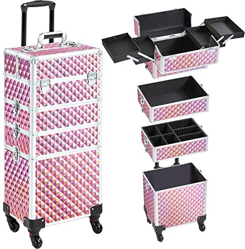 Yaheetech Valise Maquillage Professionnel 4-en-1 Valise Esthetique roulettes Pivotantes à 360° pour Manucure, Voyage, Maquilleur 34 x 25,5 x 80 cm Rose