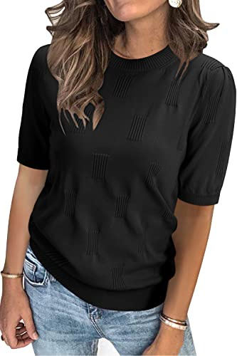 Arach&Cloz Women's Fashion Spring Summer Tops 2026 Short Sleeve Sweater Crew Neck Knit Pullover Dressy Easter Shirt Business Casual Work Outfits Black XXL