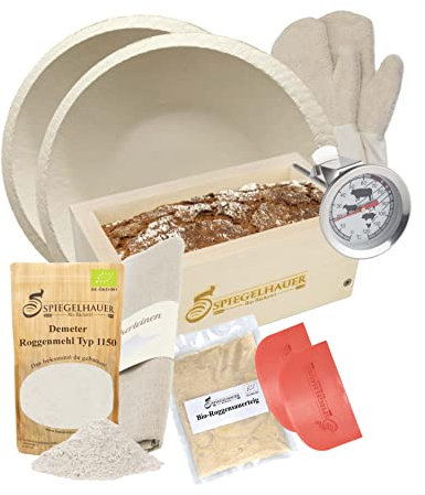 Bäckerei Spiegelhauer Sauerteig Starter Set Roggensauerteig 300 g, Teigschaber, Backrahmen aus Ahornholz, Bäckerleinen, Fausthandschuh (ein Paar), Demeter Roggenmehl Typ 1150 1 kg, Gärkörbchen rund