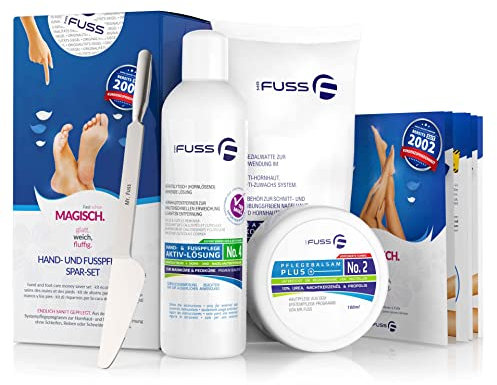Mr. Fuss® No. 4 - Advanced Pack Multi - Klein, Nagelhaut- Hornhautentferner Sparpaket 4 tlg. Aktiv-Lösung Schnell erweichend - 250 ml, Balsam No. 2-100 ml, Watte, Multitool