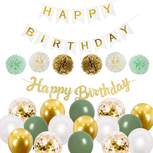 Luftballons Geburtstag Deko für Mädchen und Männer - Goldgrün Party Set mit Girlande, Happy Birthday Banner und Papier Pompons (Blumenzwiebelset in Gold und Grün)
