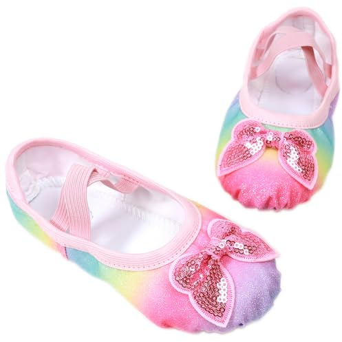 Ballet Shoes Glitter Split-Sole for Girls Toddler Dance Slippers with Elastic Laces (Toddler/Little Kid/Big Kid) Rainbow Glitter Butterfly 13