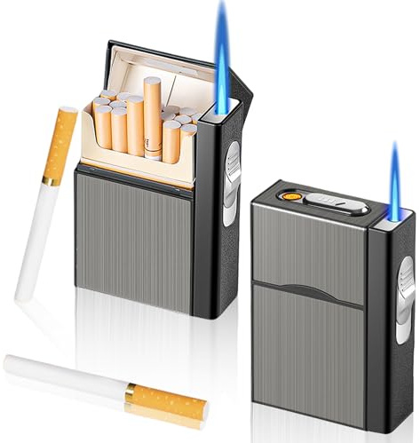 Nizirioo Cigarettfodral med vindtät tändare: 2 stycken i aluminium, låda för 20 cigaretter, USB-laddning (säljs utan gas)