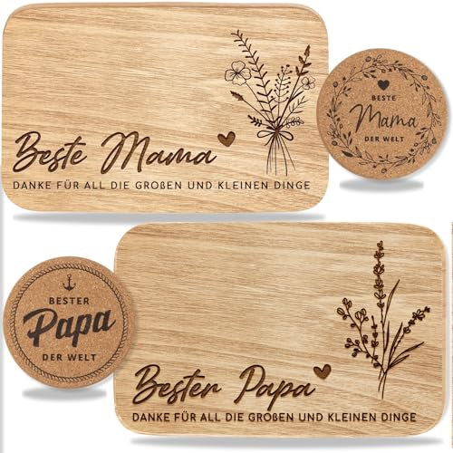 kupi Frühstücksbrettchen Mama und Papa Geschenke für Eltern | Mama und Papa Geschenk | Geschenkset zum Jubiläm Holzbrettchen mit Untersetzer