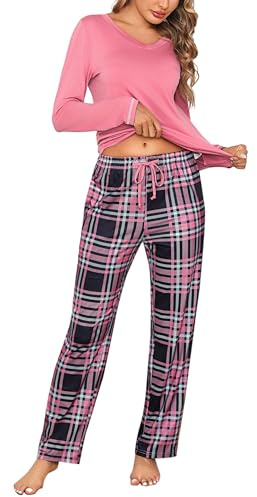 Litherday Pijama de Invierno para Mujer - Conjunto de Algodón Manga Larga con Cuello en V, Bolsillos y Cordón - Ropa de Dormir, Rosa, M