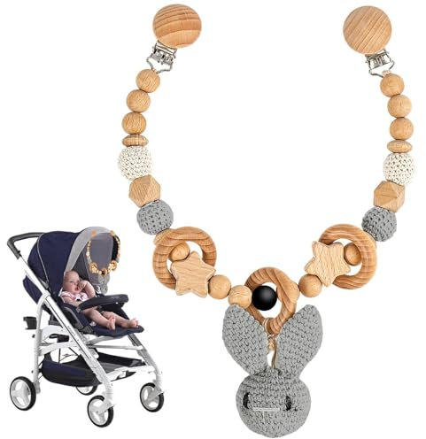 Afenau Kinderwagenkette Holz Baby, Kinderwagen Kette für Babys, Kinderwagen Spielzeug, Kinderwagenkette Junge mit Süßer Hase Anhänger, Tierform Kinderwagenspielzeug mit Glocke Geschenk zu Weihnachten