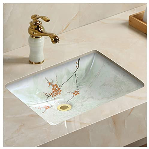 DLAZUM Unterbauwaschbecken fürs Badezimmer, handgefertigt, Pflaumendekoration, rechteckiges Keramikwaschbecken, Waschtisch, Kunstwaschbecken mit Wasserhahn (lackierte Farben, 53 x 38 x 19 cm)